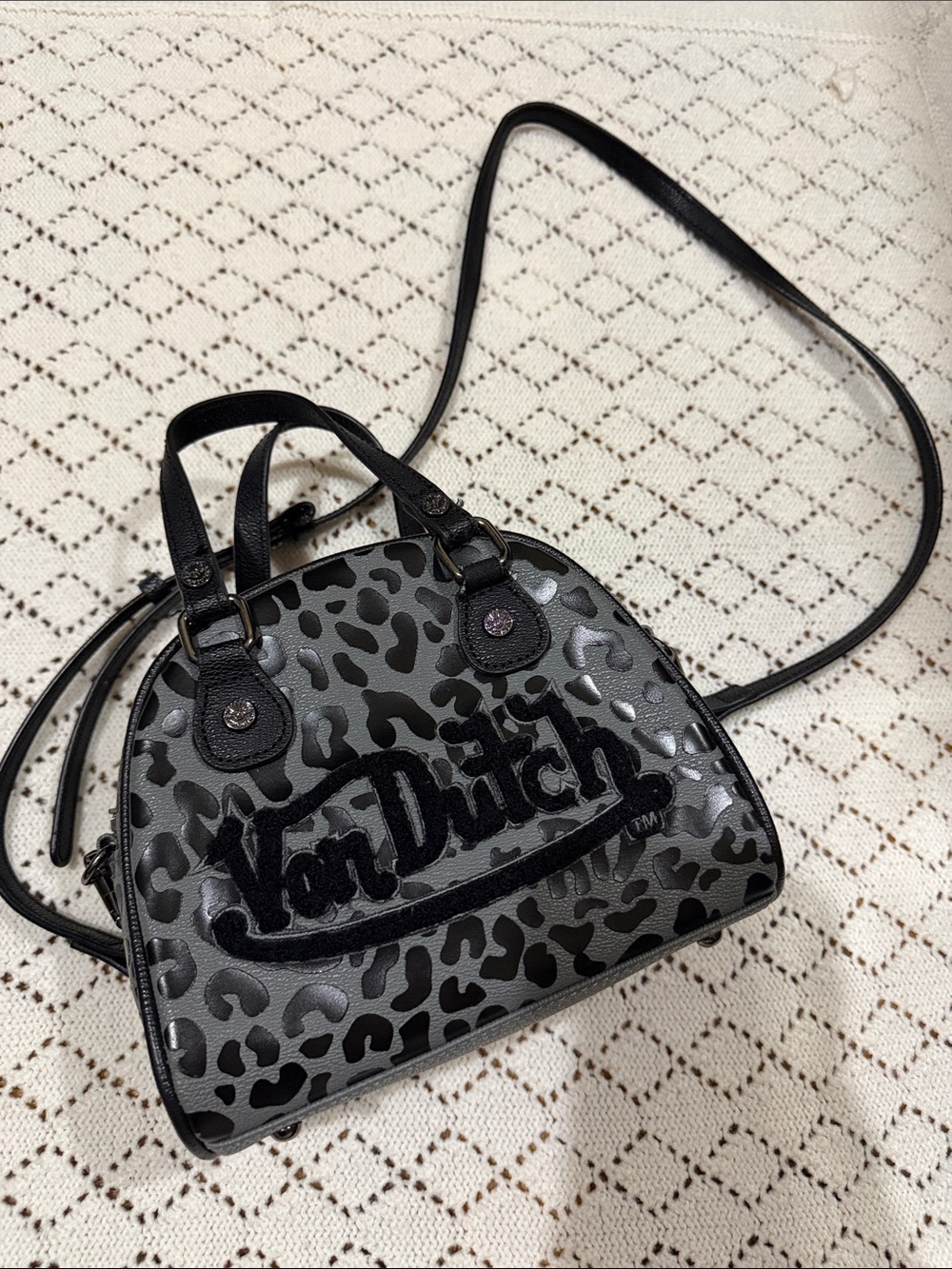 Von Dutch Black and Gray Leopard Mini Crossbody Bag